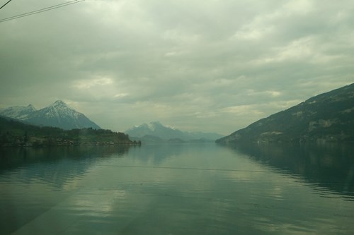 Lake in Switzerland, skiing