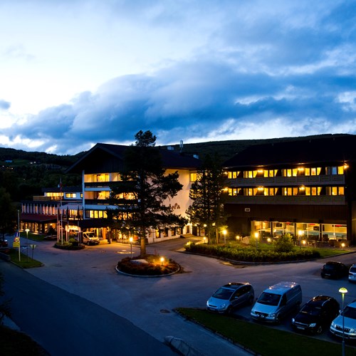 hotel exterior at night, Hotel Bardola, Geilo ski resort, Norway
