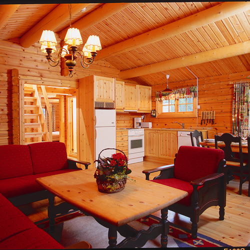 Bardola log cabin interior lounge and kitchen, Geilo ski resort in Norway