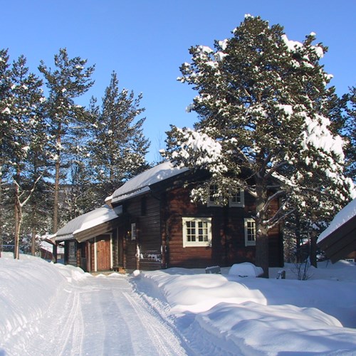 Bardola log cabin exterior in snowy trees, Geilo ski resort, Norway