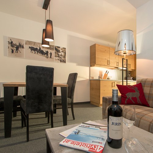 Ski accommodation at the Gurglhof apartments, kitchen and lounge area