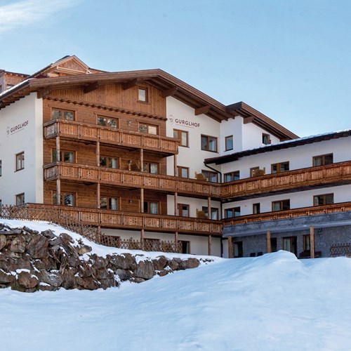 Snowy exterior of the Gurglhof Apartments in Obergurgl, Austria