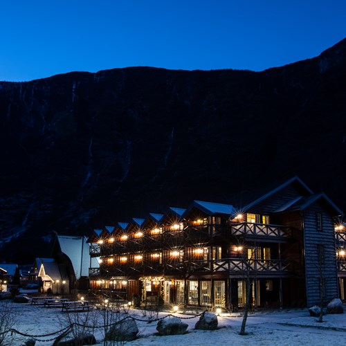 Hotel exterior night Flamsbrygga Hotel in Flam, Norway