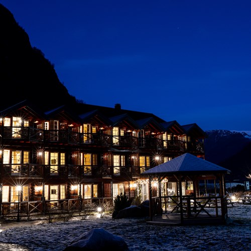 Flamsbrygga Hotel in Flam, Norway - hotel exterior at night