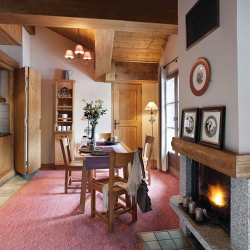 Ski in, ski out Le Village Arc 1950 ski apartments kitchen and fireplace