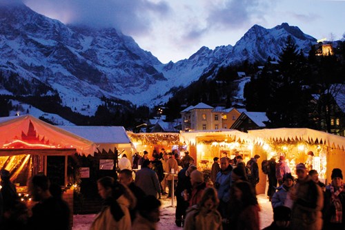 Engelberg night markets and mountain backdrop near Zurich