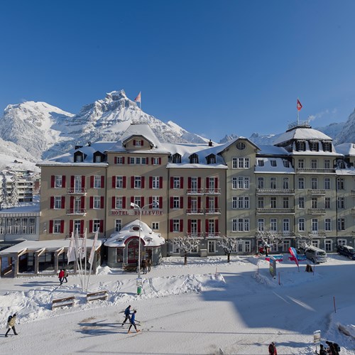 Exterior of Bellevue Engelberg in the snow