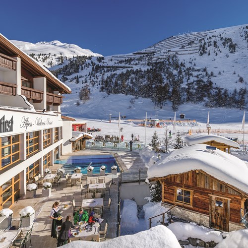 Exterior of Hotel Hochfirst in Obergurgl, Austria. Ski accommodation.