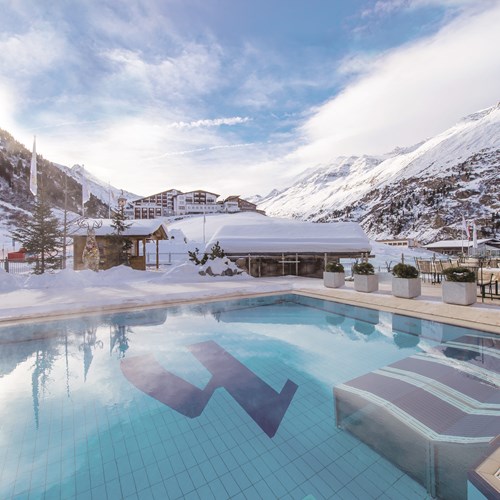 Outdoor pool at Hotel Hochfirst in Obergurgl, Austria. Ski accommodation.