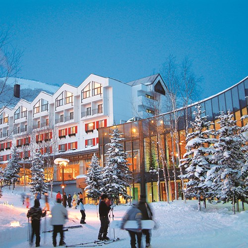 Rusutsu Resort Hotel - Japan skiing - hotel exterior at night