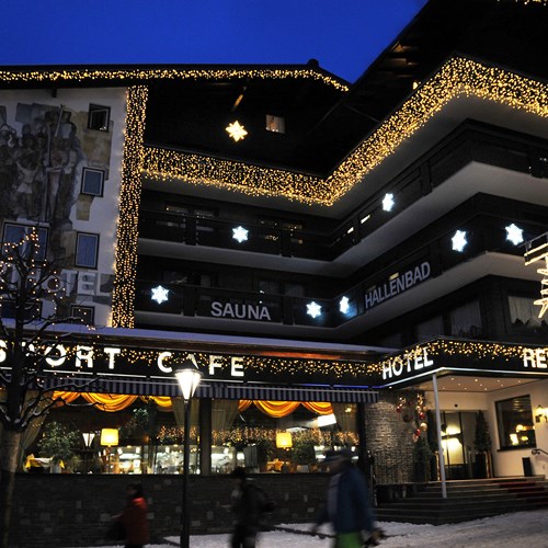 Sporthotel, ski accommodation in St Anton, Austria. Exterior at night