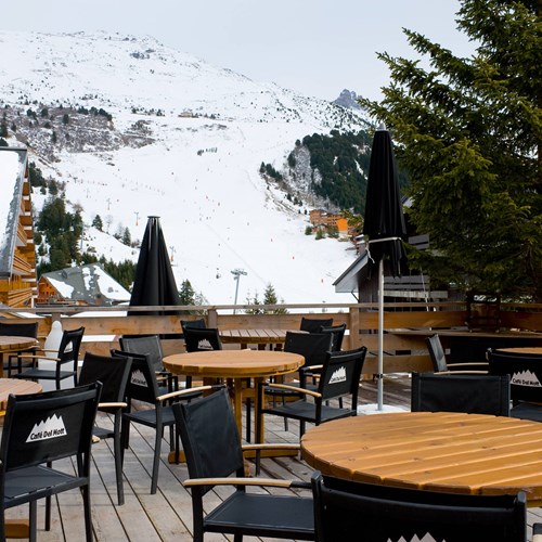 sun terrace of Hotel Le Mottaret, ski hotel in Meribel ski resort