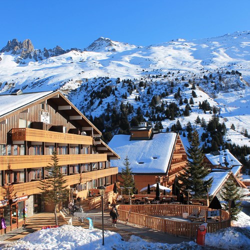 Hotel le mottaret, meribel ski resort-hotel exterior in snow