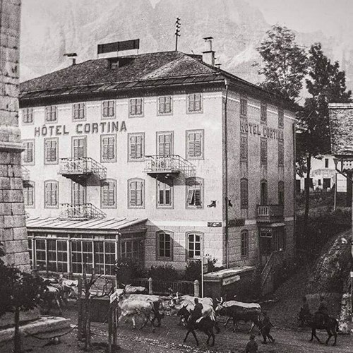 black and white historic photo of the Hotel Cortina ski accommodation