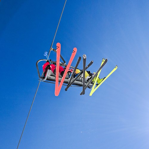 Chamonix Photoshoot chairlift skis